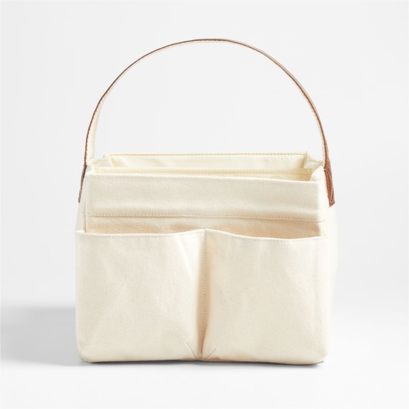 Canvas Diaper Caddy Organizer with Brown Leather Handle - Image 2