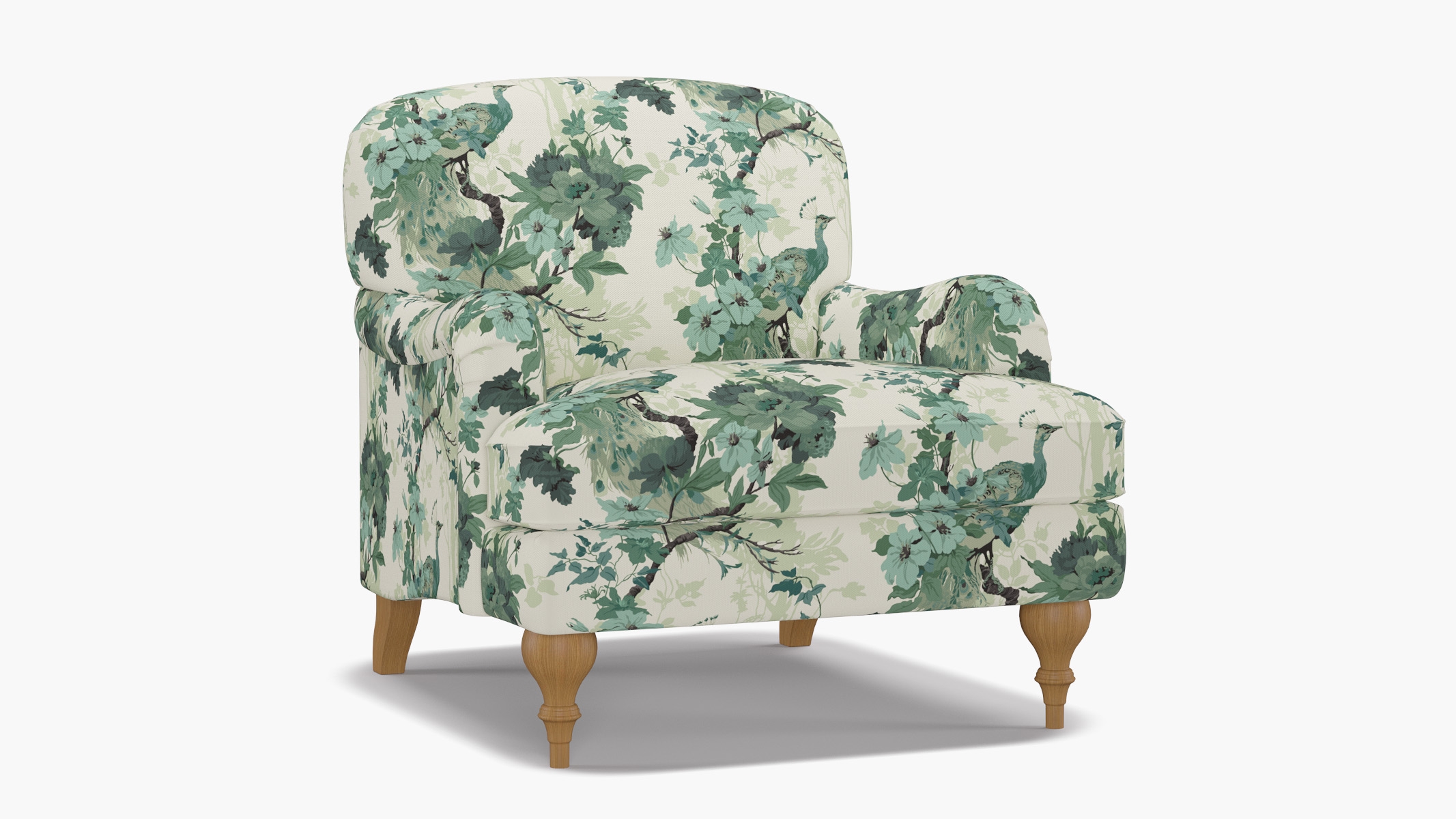 English Roll Arm Chair, Jade Peacock Park, Natural Turned Wood Leg - Image 1