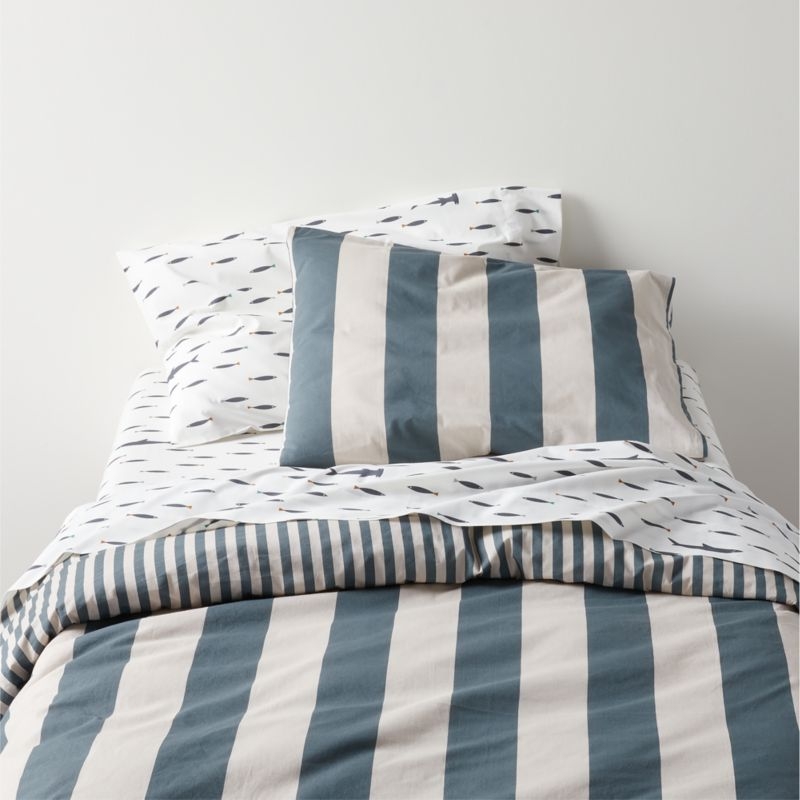 Riviera Slate Blue and Oatmeal Reversible Stripe Organic Cotton Kids Pillow Sham - Image 1