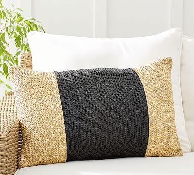 Pieced Faux Natural Fiber Outdoor Lumbar Pillow, 16 x 26", Black Multi - Image 0
