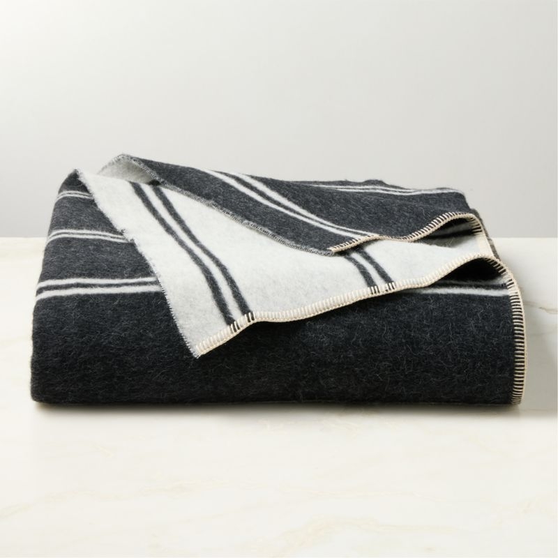 Stripes Black and Warm White Alpaca Wool King Bed Blanket by Blacksaw - Image 1