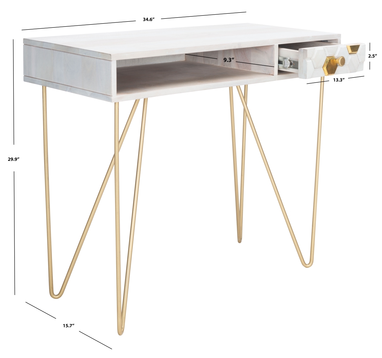 Raveena Desk - White Washed / Brass - Safavieh - Image 8