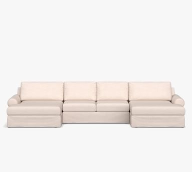 Big Sur Roll Arm Slipcovered U-Double Chaise Loveseat Sectional with Bench Cushion, Down Blend Wrapped Cushions, Park Weave Oatmeal - Image 1