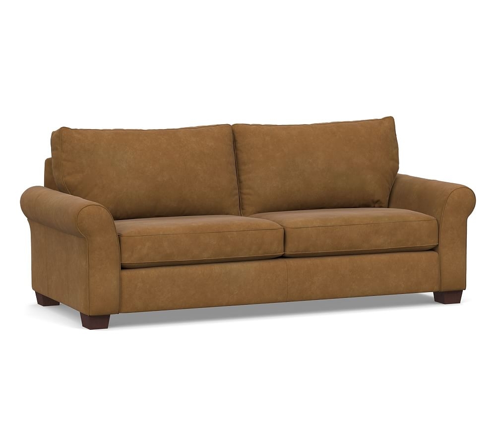 PB Comfort Roll Arm Leather Grand Sofa 94", Polyester Wrapped Cushions, Nubuck Camel - Image 0