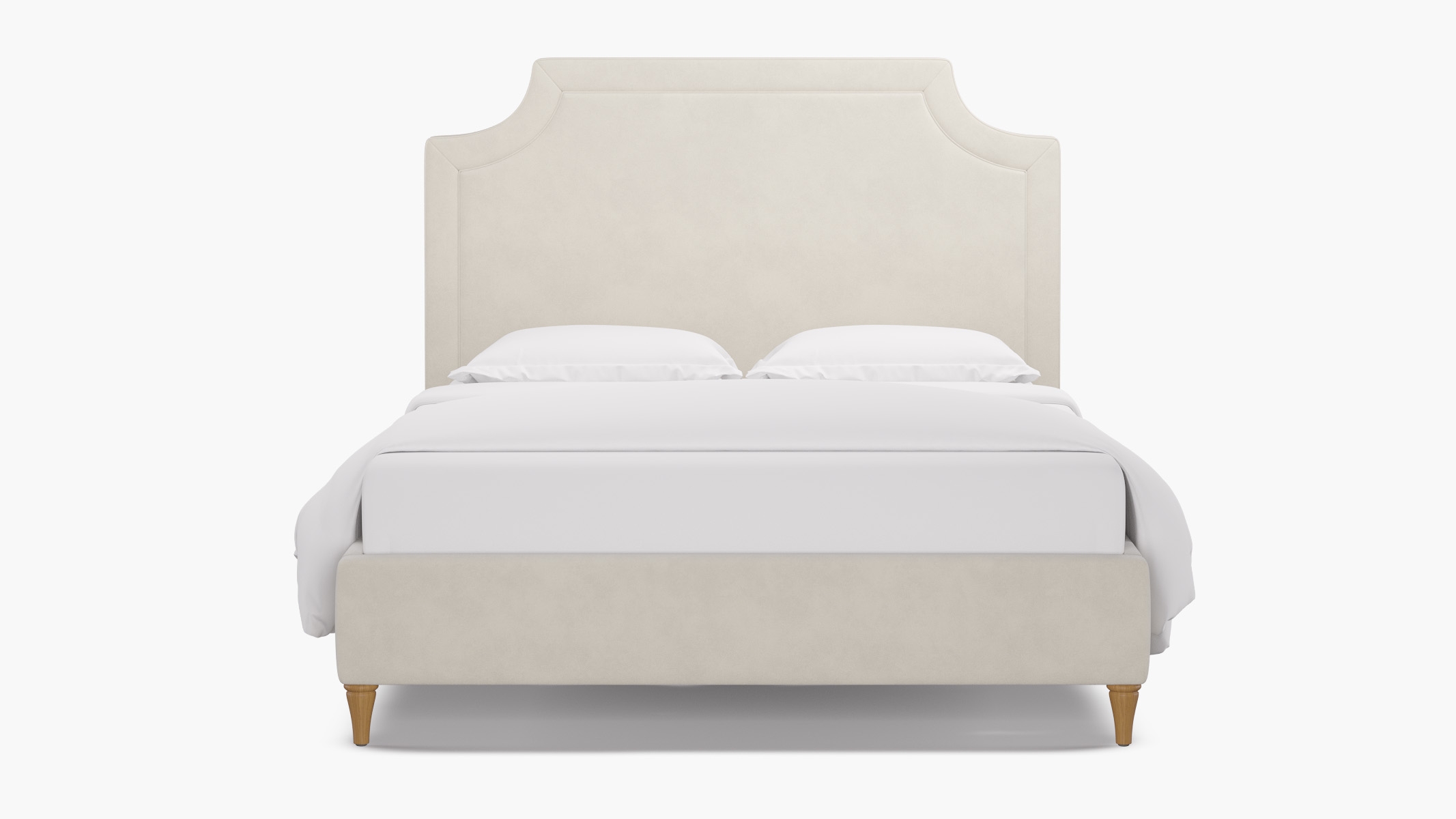Deco Bed, White Performance Velvet, Natural Decorative Tapered Leg, King - Image 0