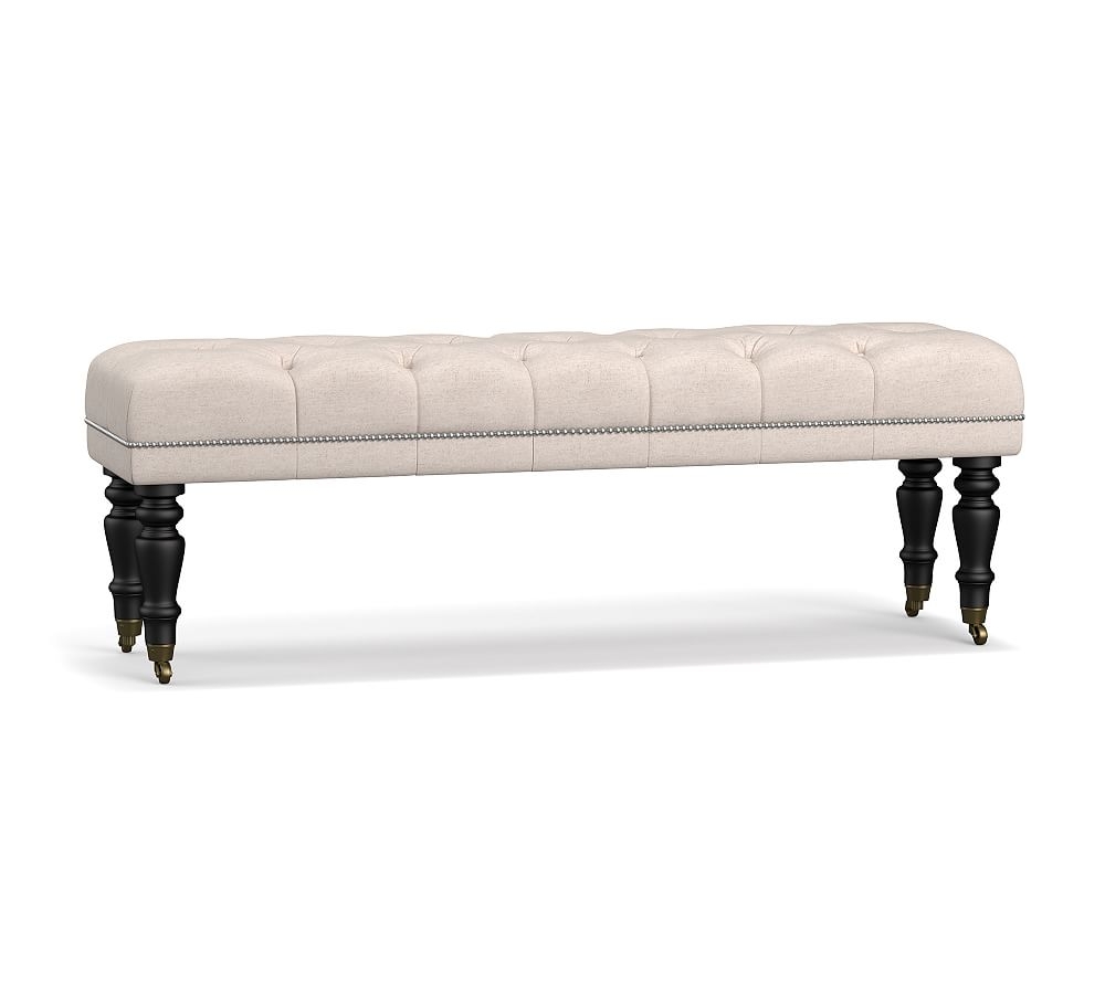 Raleigh Upholstered Tufted Queen Bench with Turned Black Legs &amp; Pewter Nailheads, Performance Heathered Velvet Olive - Image 0