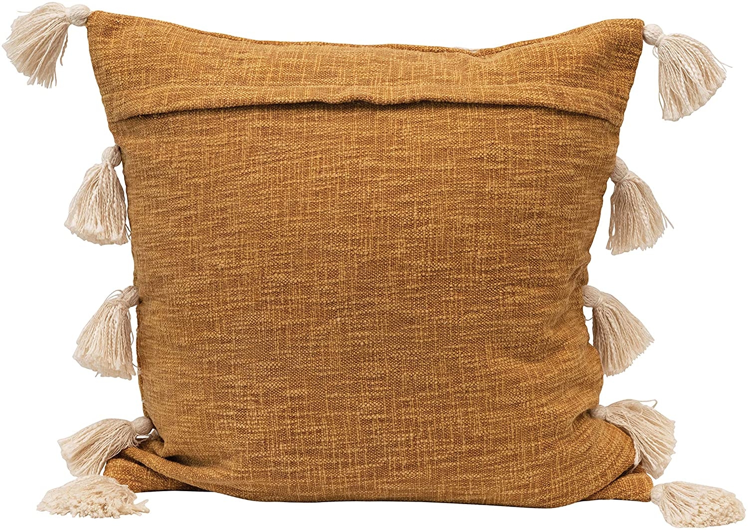 Cotton Woven Pillow with Appliqued Stripes & Tassels, Mustard Color & White - Image 1