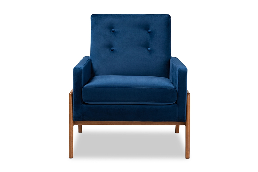Perris Mid-Century Modern Navy Blue Velvet Fabric Upholstered and Walnut Brown Finished Wood Lounge Chair - Image 2