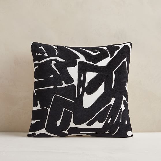 Abstract Velvet Applique Pillow Cover, 18"x18", Black - Image 0