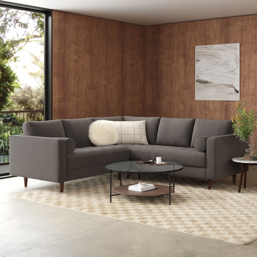 Sven 91" Tufted Velvet Corner Sectional - Hale Warm Gray - Image 0