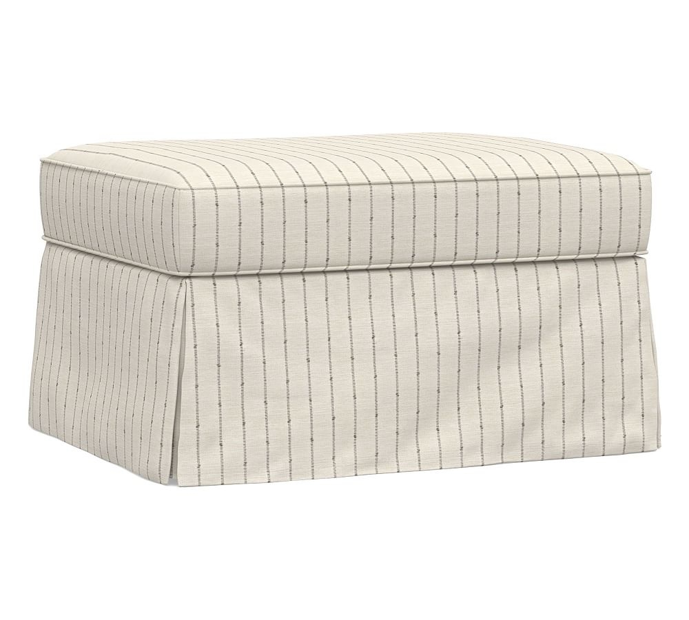PB Comfort Slipcovered Storage Ottoman, Polyester Wrapped Cushions, Slubby Pinstripe Oatmeal - Image 0