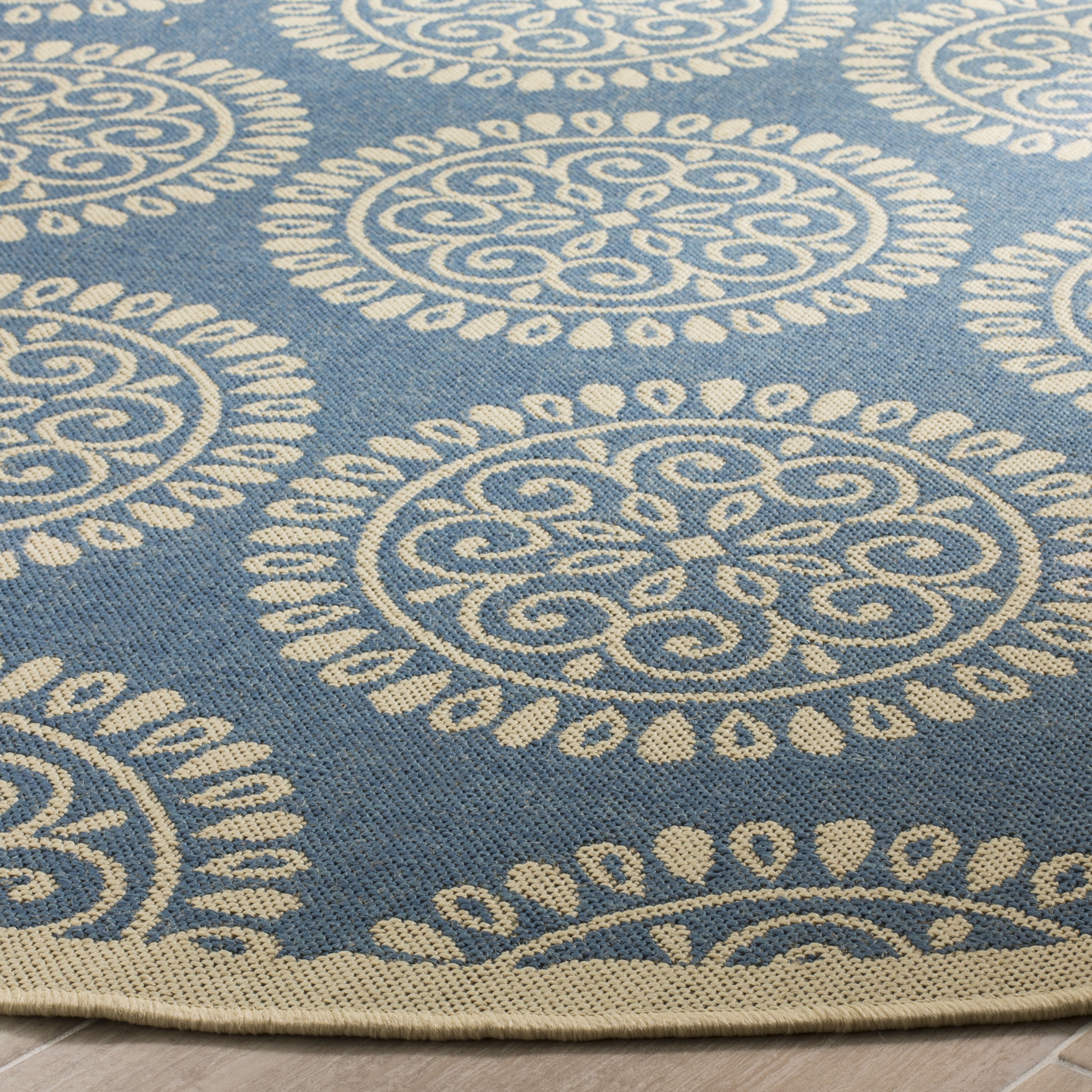 Arlo Home Indoor/Outdoor Woven Area Rug, LND176M, Blue/Cream,  6' 7" X 6' 7" Round - Image 2