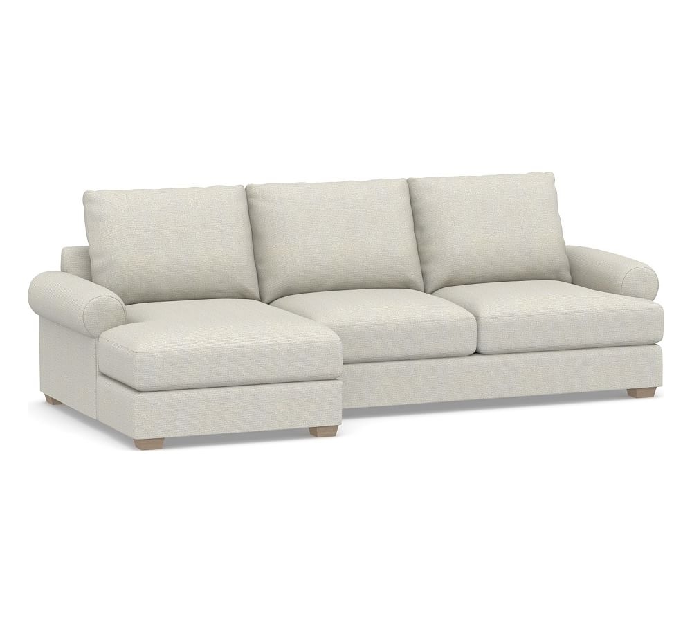 Canyon Roll Arm Upholstered Right Arm Loveseat with Chaise Sectional, Down Blend Wrapped Cushions, Performance Heathered Basketweave Dove - Image 0