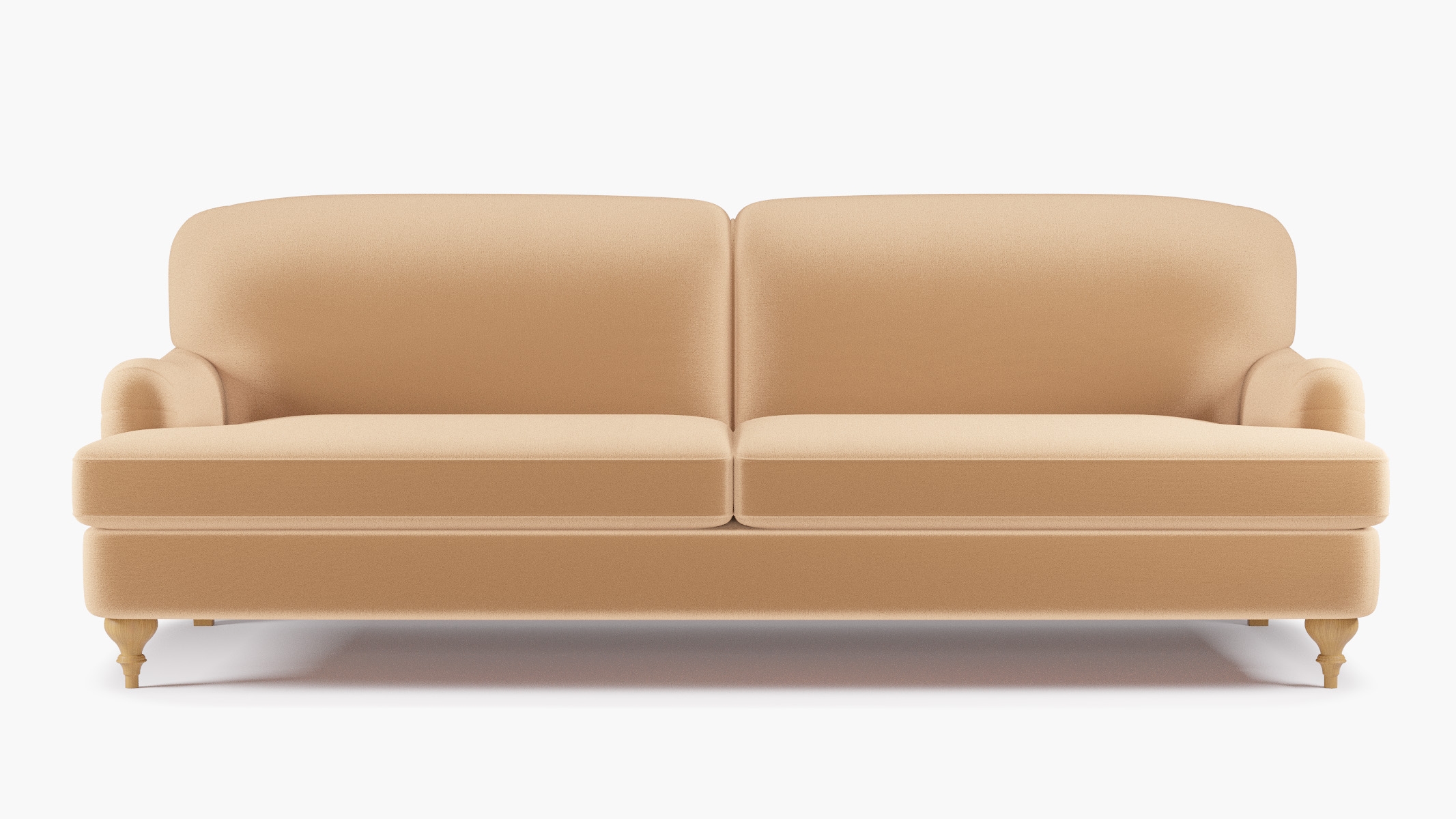 English Roll Arm Sofa, Camel Performance Plush Velvet, Natural Turned Wood Leg - Image 0