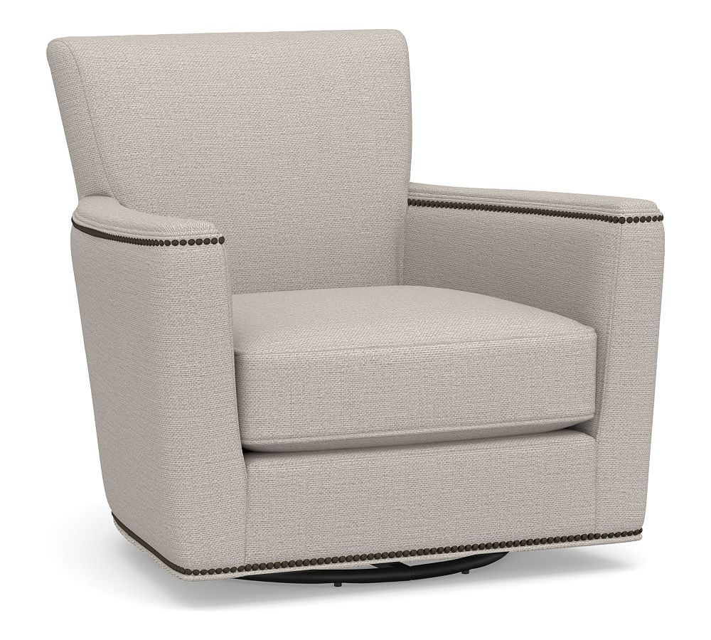 Irving Square Arm Upholstered Swivel Glider with Bronze Nailheads, Polyester Wrapped Cushions, Chunky Basketweave Stone - Image 0