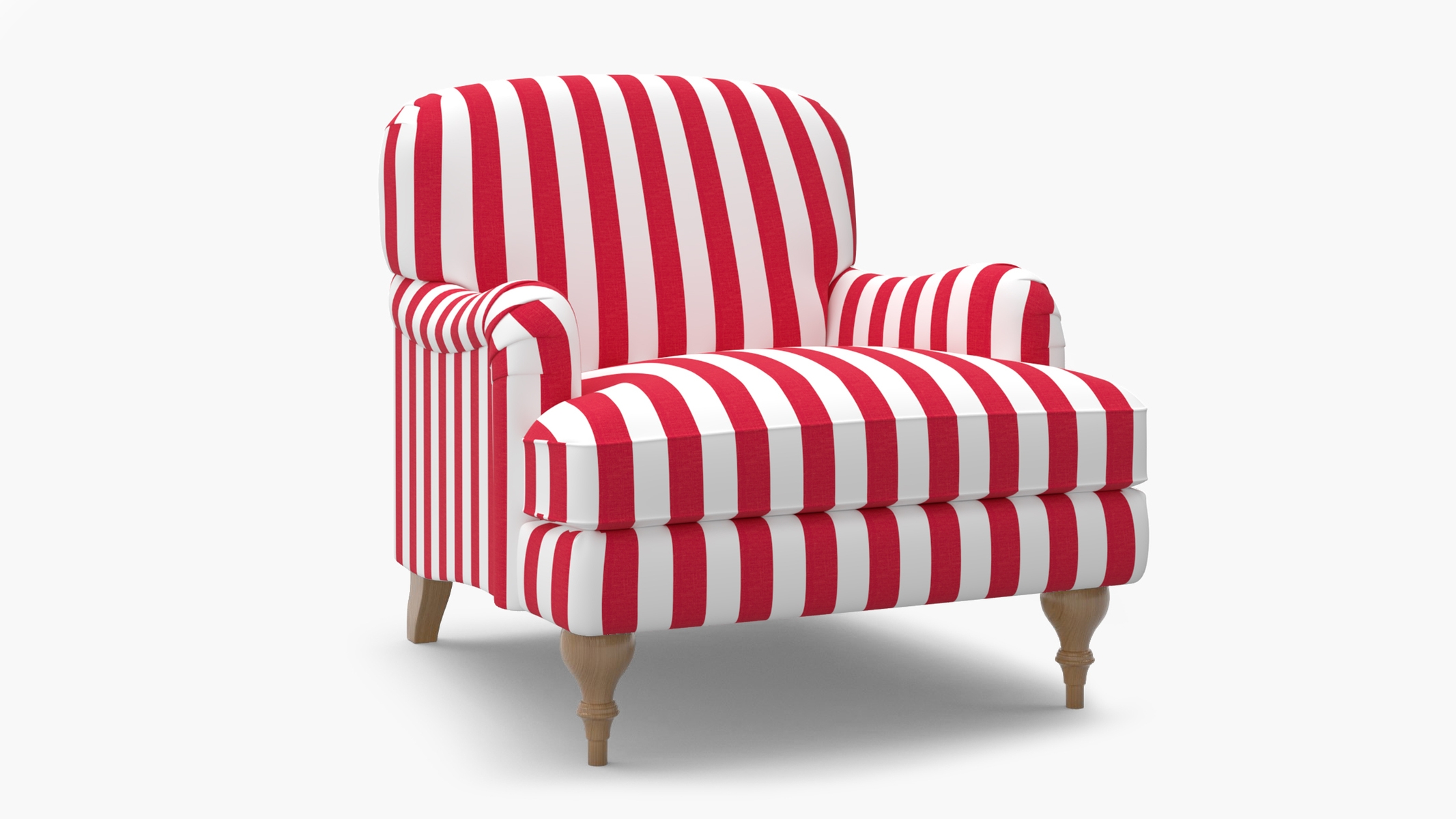 English Roll Arm Chair, Red Cabana Stripe, Natural Turned Wood Leg - Image 1