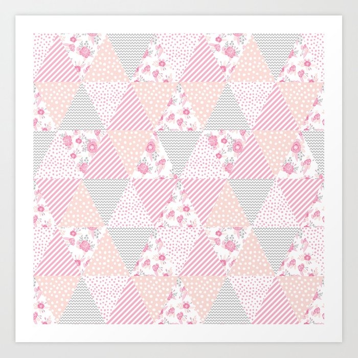 Pink Soft Flowers Triangle Quilt Pattern Print For Home Decor Nursery Craft Room Art Print by Charlottewinter - X-Small - Image 0