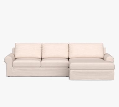 Big Sur Roll Arm Slipcovered Right Arm Loveseat with Double Chaise Sectional and Bench Cushion, Down Blend Wrapped Cushions, Textured Twill Khaki - Image 1