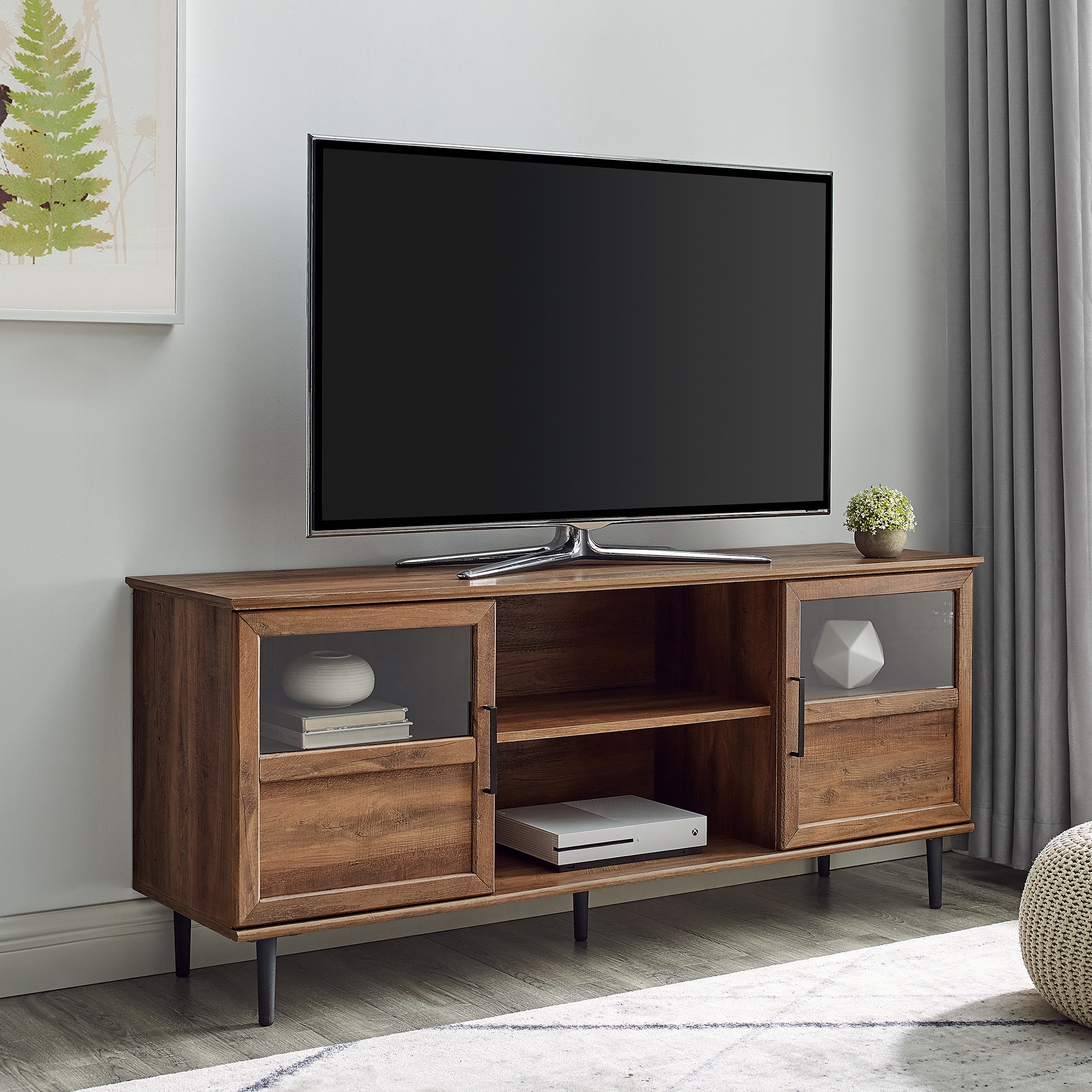 Owen 58" Glass and Wood Split Panel Door TV Console - Rustic Oak - Image 4