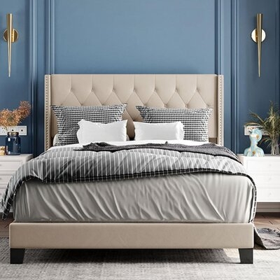 Upholstered Platform Bed With Classic Headboard, Box Spring Needed, Gray Linen Fabric, Queen Size - Image 0