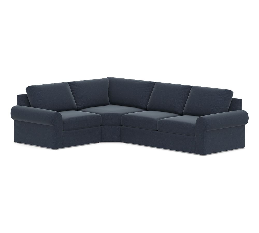 Big Sur Roll Arm Slipcovered Right Arm 3-Piece Wedge Sectional, Down Blend Wrapped Cushions, Sunbrella(R) Performance Chenille Indigo - Image 0