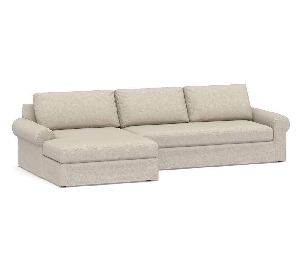 Big Sur Roll Arm Slipcovered Right Arm Sofa with Double Chaise Sectional and Bench Cushion, Down Blend Wrapped Cushions, Performance Chateau Basketweave Oatmeal - Image 0