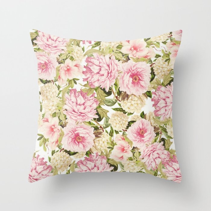 Vintage Peonies And Hydrangeas Couch Throw Pillow by Sylvia Cook Photography - Cover (16" x 16") with pillow insert - Outdoor Pillow - Image 0