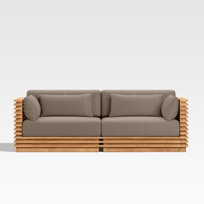 Batten 83" Natural Teak Outdoor Loveseat with Cast Shale Brown Sunbrella ® Cushions - Image 0