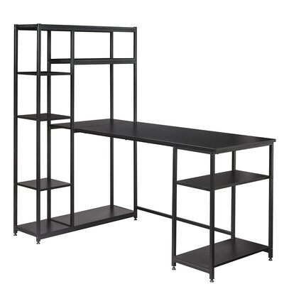 Office Computer Desk With Multiple Storage Shelves, Modern Large Office Desk With Bookshelf And Storage Space(Black) - Image 0