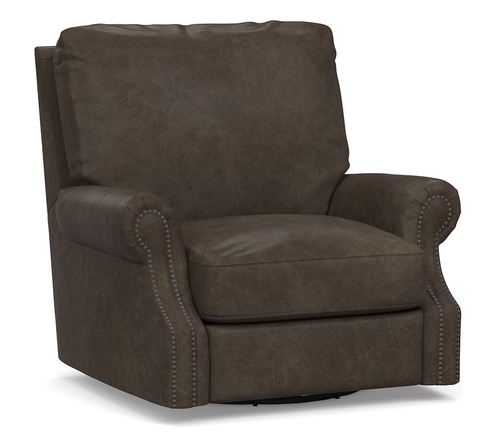 James Roll Arm Leather Swivel Armchair, Down Blend Wrapped Cushions, Statesville Wolf Gray - Image 0
