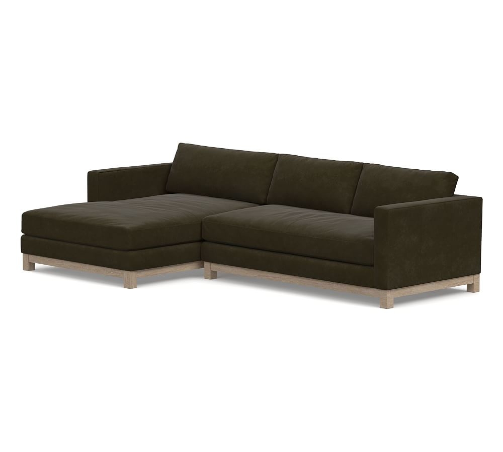 Jake Leather Right Arm Sofa with Chaise Sectional with Double Chaise with Wood Legs, Down Blend Wrapped Cushions, Aviator Blackwood - Image 0