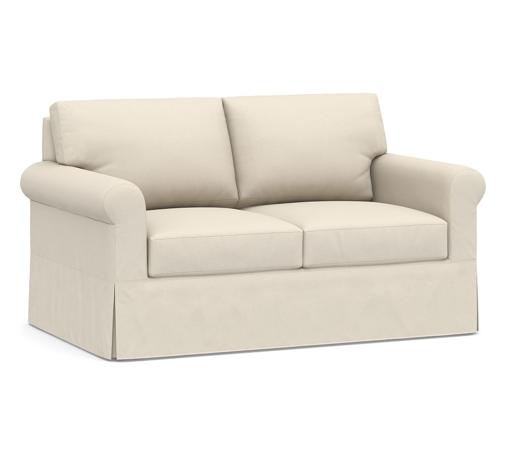 York Roll Arm Slipcovered Loveseat, Down Blend Wrapped Cushions, Performance Brushed Basketweave Ivory - Image 0