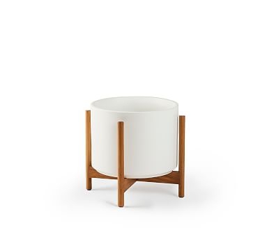 Modern Ceramic Planters with Wooden Stand, White - Mini - Image 0