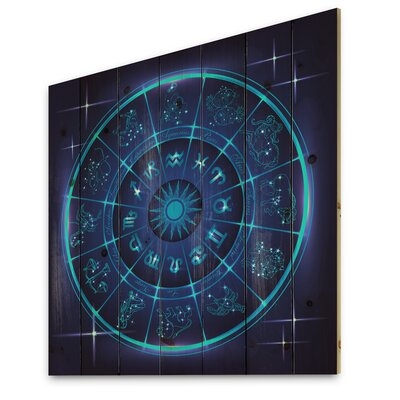 Neon Deep Blue Horoscope Circle With Zodiac Signs - Modern Print On Natural Pine Wood - Image 0