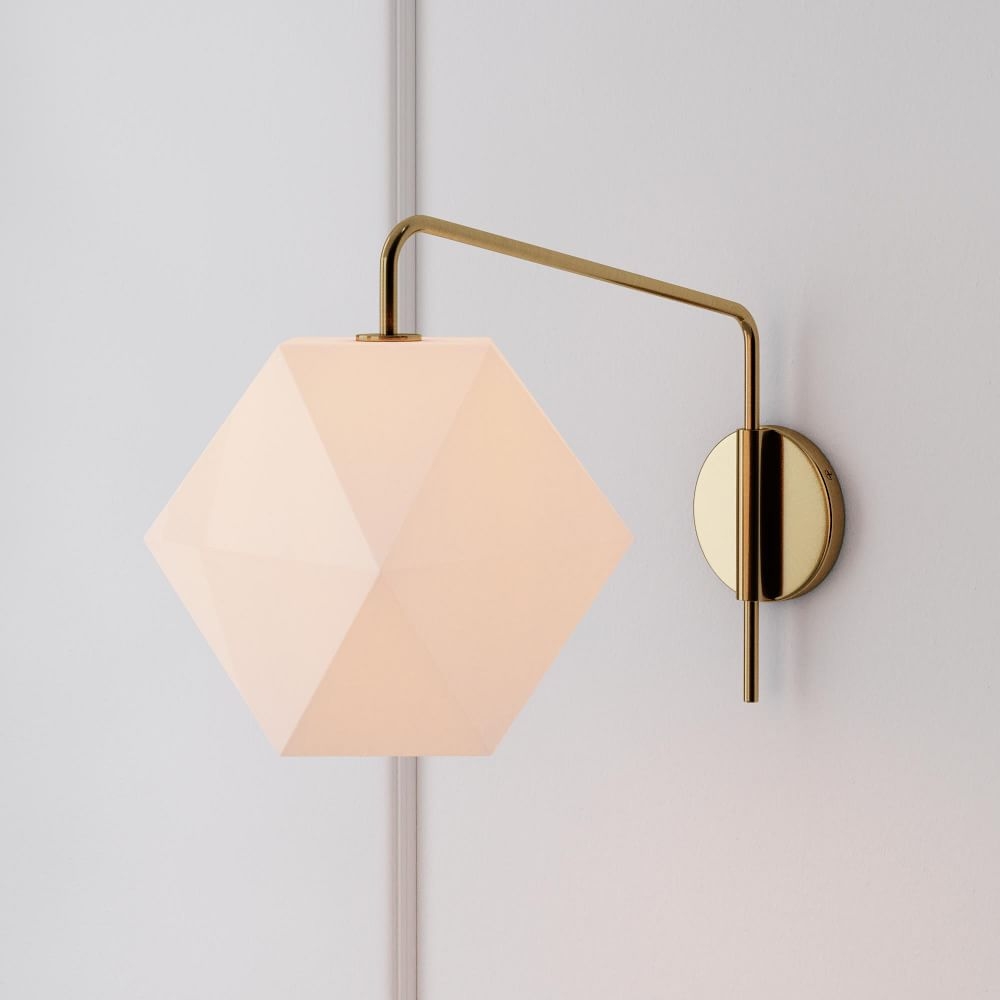 Sculptural Adjustable Sconce, Portable Convertible, Faceted Small, Milk, Antique Brass, 11.5" - Image 0