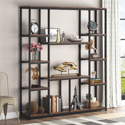 12-Shelf Open Staggered Shelf Etagere, Industrial Bookshelf, Vintage Etagere Bookcase, Modern Rustic Book Shelves Display, Organizer, Freestanding Multifunctional Decorative Rack Storage And Display Shelves With Sturdy Metal Frame For Garden Home Office. - Image 0
