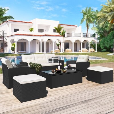 6-Piece All-Weather Wicker PE Rattan Patio Outdoor Dining Conversation Sectional Set With Coffee Table, Wicker Sofas, Ottomans, Removable Cushions (Black Wicker, Beige Cushion) - Image 0