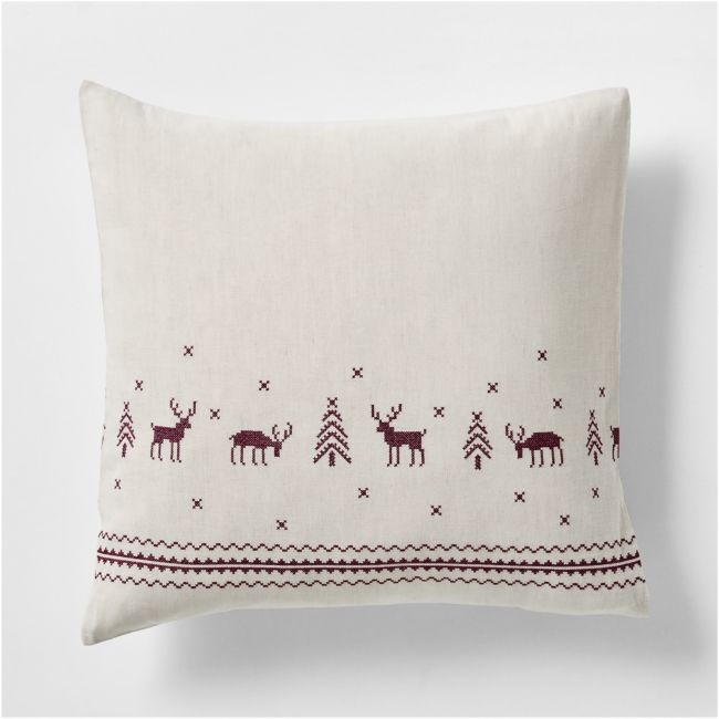 Holiday Reindeer Embroidered Cotton Linen Cross Stitch Natural Euro Bed Pillow Sham - Image 0