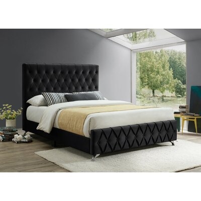 Grey Velvet Bed With Diamond Pattern Button Details And Chrome Legs, Includes Mattress Support, King 78'' - Image 0