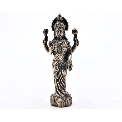 3 Inch Tall Standing Lakshmi Figurine. Handmade On Brass With Silver Patina. - Image 0
