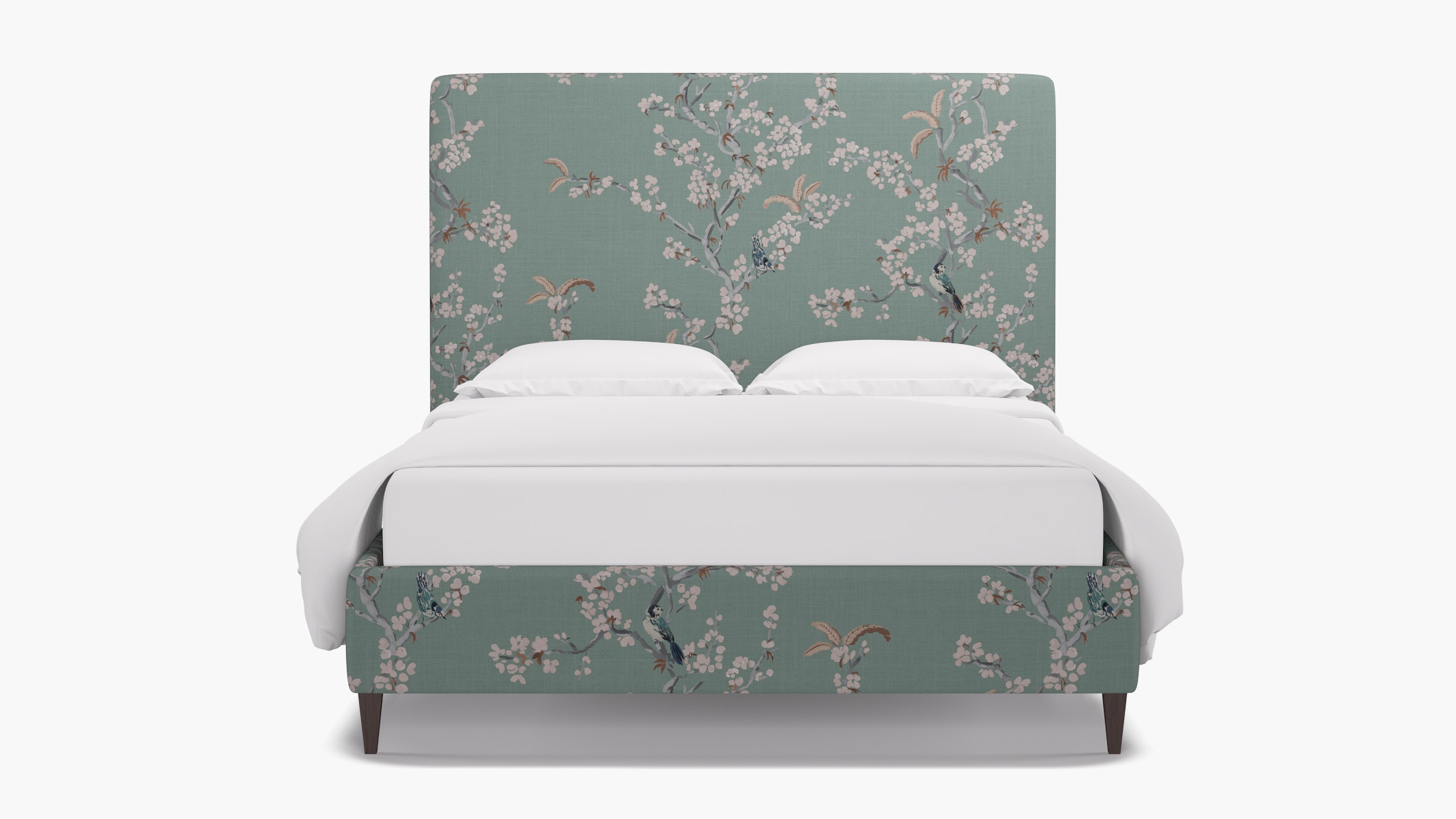 Classic Bed, Mint Cherry Blossom, Espresso Square Tapered Leg, Queen - Image 0