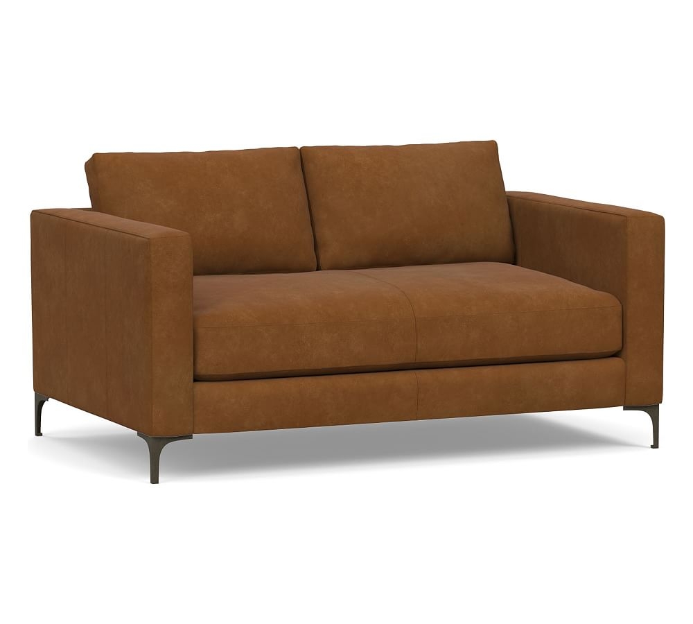 Jake Leather Apartment Sofa 63" with Bronze Legs, Down Blend Wrapped Cushions, Nubuck Caramel - Image 0