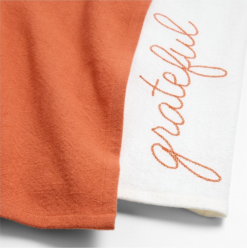 "Thankful" & "Grateful" Embroidered Organic Cotton Kitchen Towels, Set of 2 - Image 1
