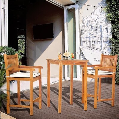 3 Piece Teak Wood Elzas Intimate Bistro Bar Set Includes 27" Table And 2 Barstools With Arms - Image 0