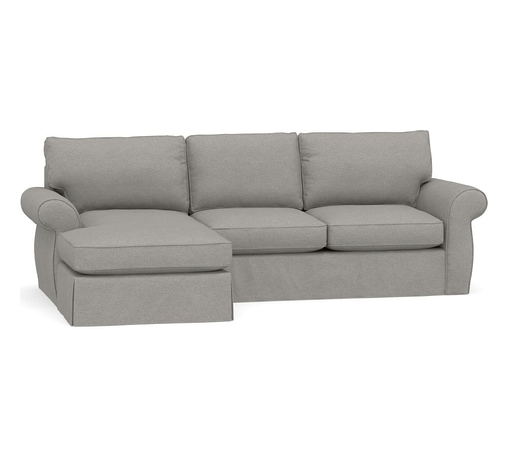 Pearce Roll Arm Slipcovered Right Arm Loveseat with Chaise Sectional, Down Blend Wrapped Cushions, Performance Heathered Basketweave Platinum - Image 0
