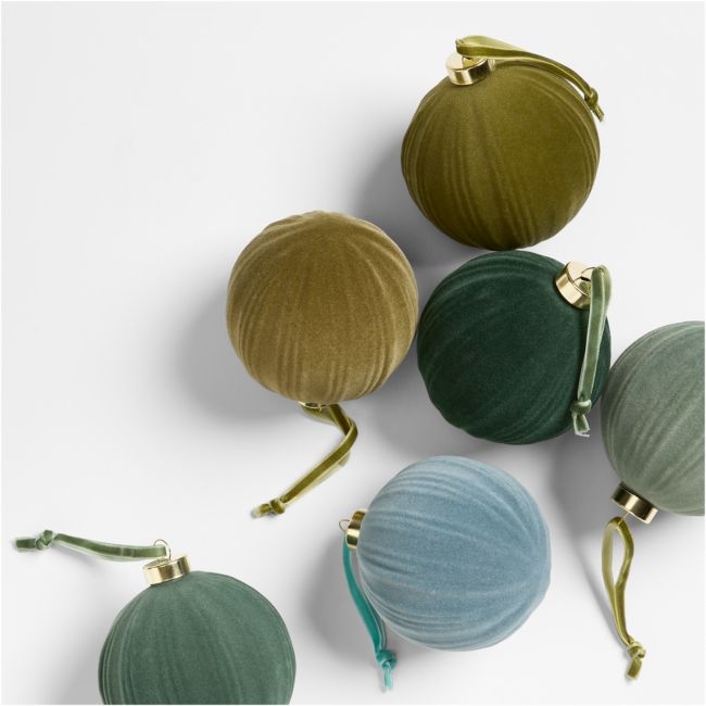 Cool Toned Ribbed Velvet Christmas Tree Ornaments, Boxed Set of 6 - Image 0