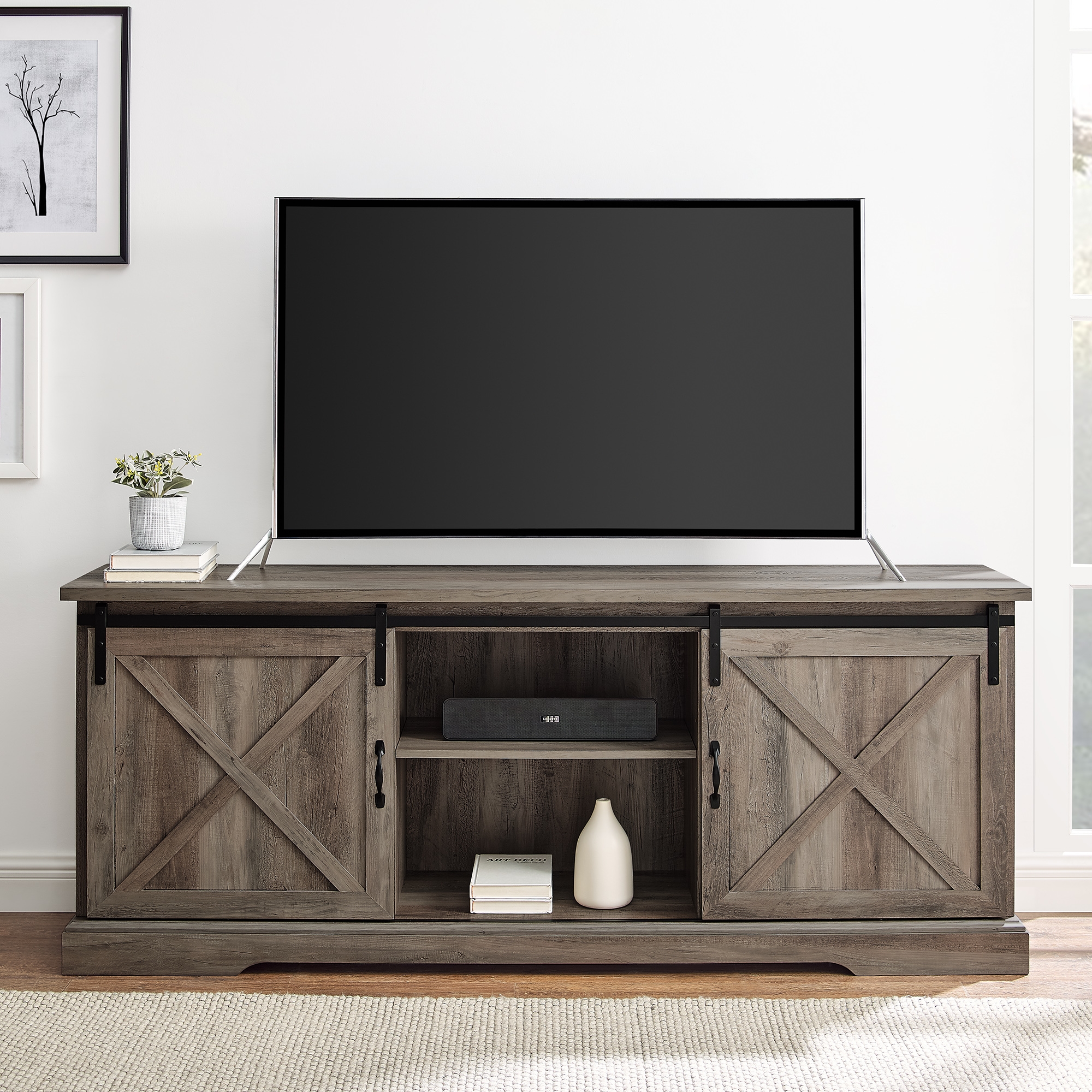 70" Sliding Barn Door TV Console - Grey Wash - Image 5
