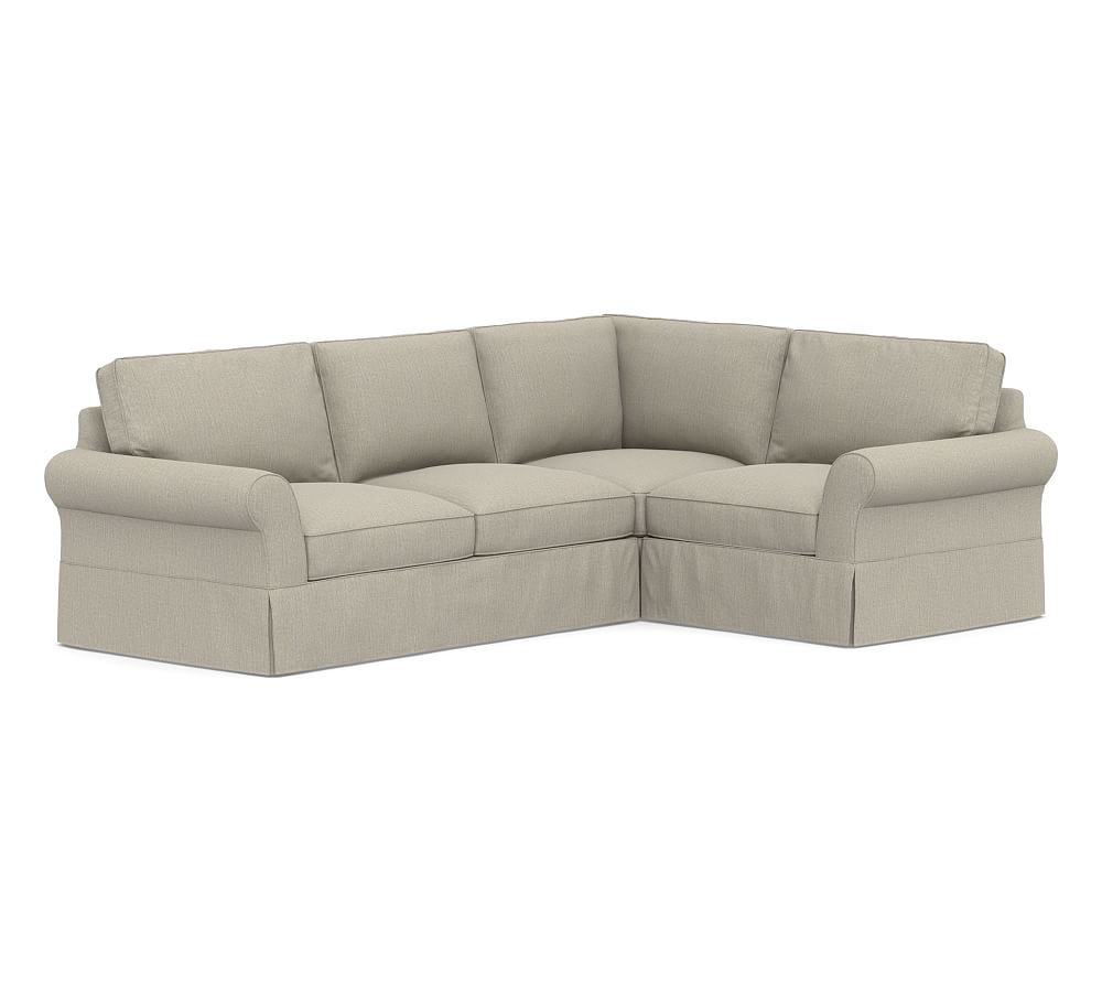 PB Comfort Roll Arm Slipcovered Left Arm 3-Piece Corner Sectional, Box Edge, Down Blend Wrapped Cushions, Chenille Basketweave Pebble - Image 0