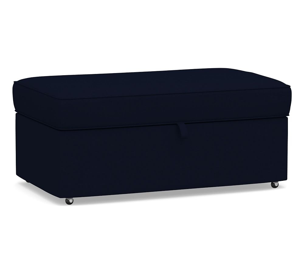 PB Comfort Upholstered Storage Ottoman with Pull Out Table, Box Edge, Polyester Wrapped Cushions, Performance Everydaylinen(TM) Navy - Image 0