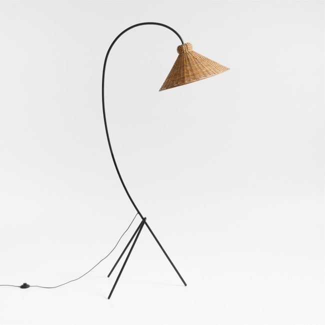 L'Union Black Metal Arc Floor Lamp with Rattan Shade by Athena Calderone - Image 0